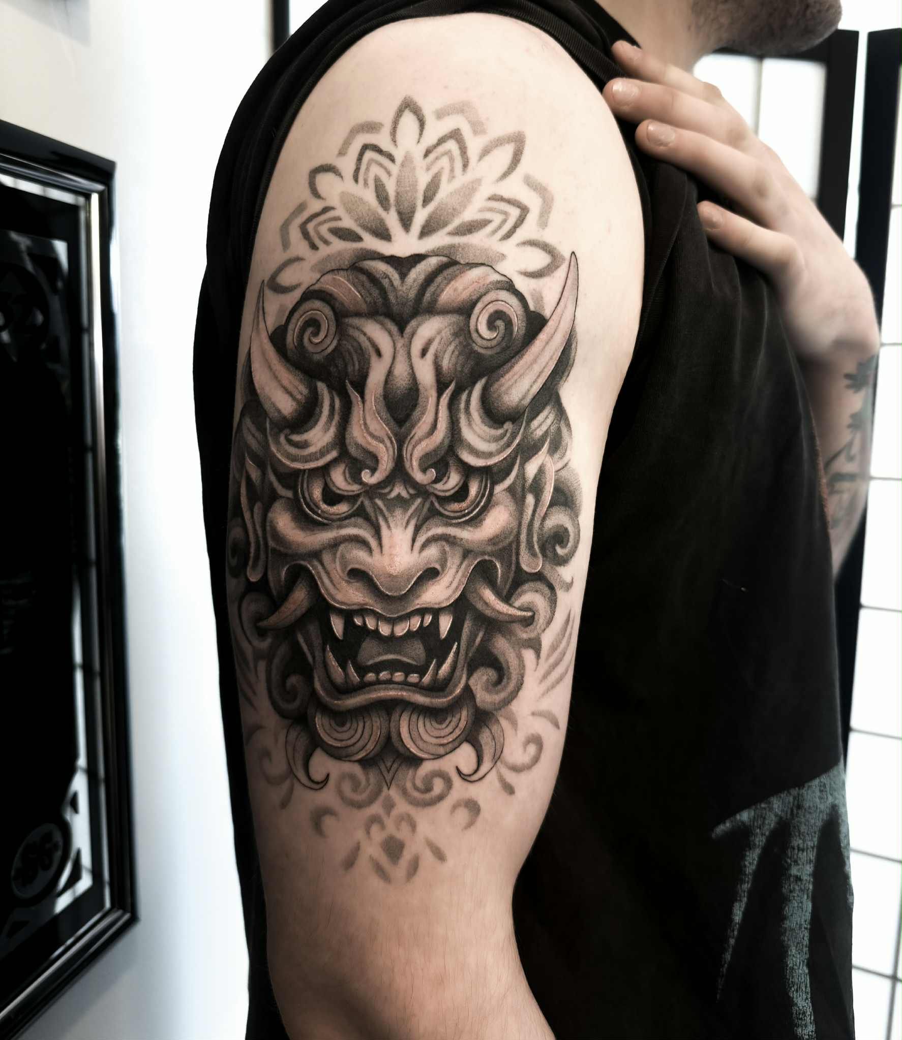 black-and-grey-hanya-mask-tattoo-christchurch