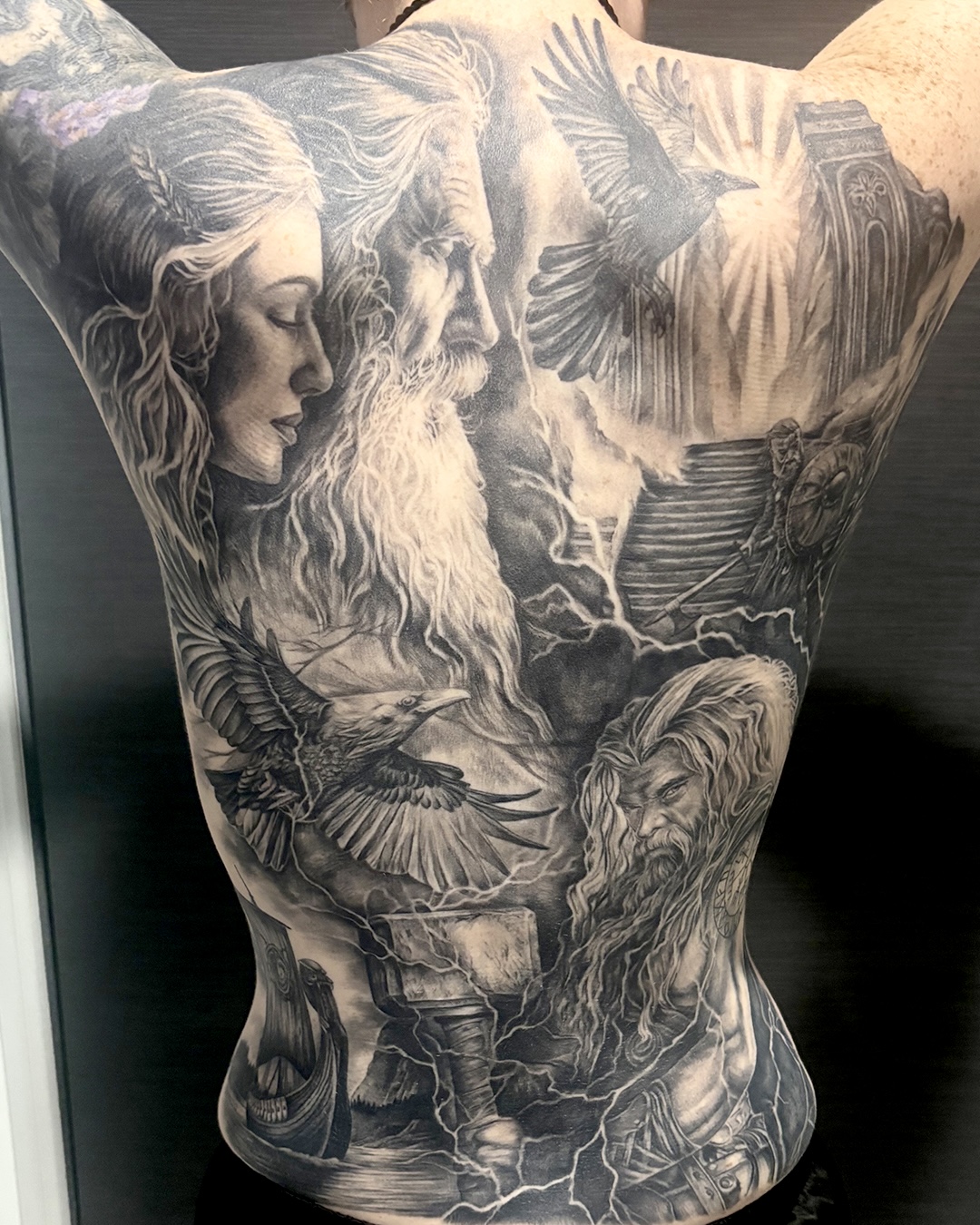 black-and-grey-norse-mythology-back-piece-tattoo-christchurch