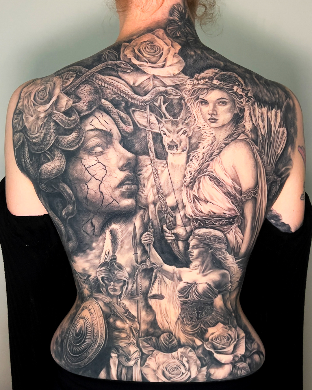 black-and-grey-realism-greek-mythology-back-piece-tattoo-christchurch