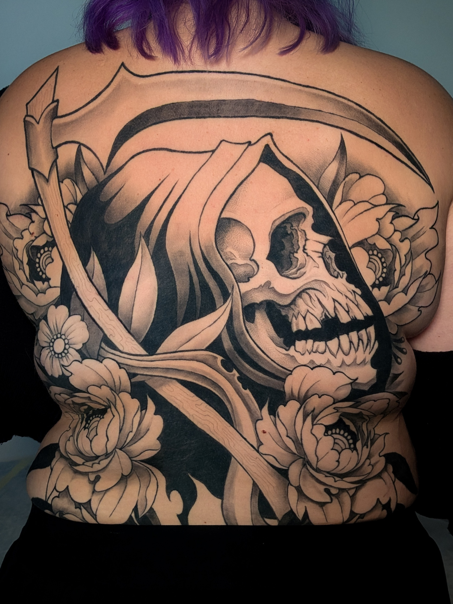 black-work-skull-reaper-back-piece-tattoo-christchurch