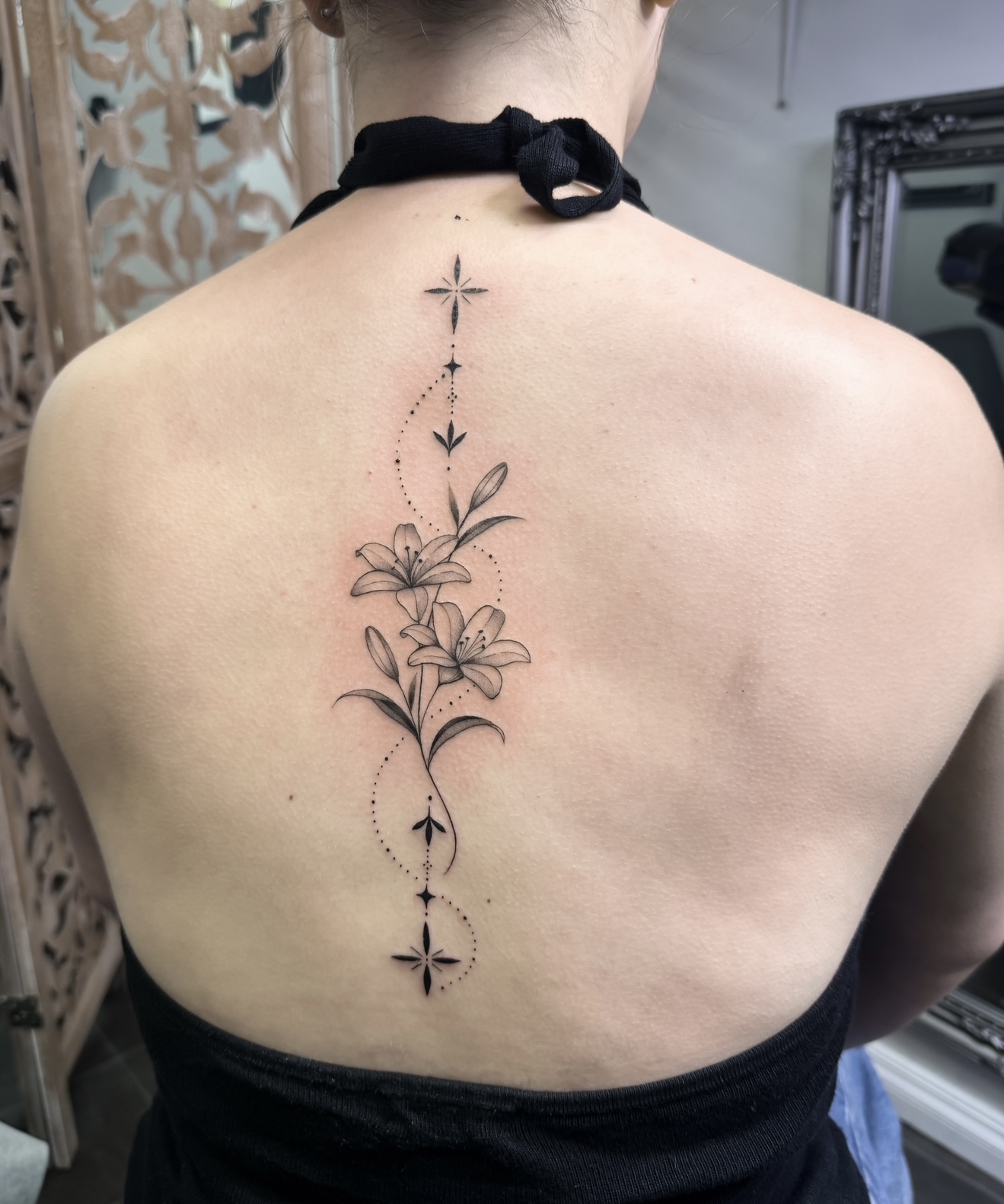 Fineline Floral Spine Tattoo