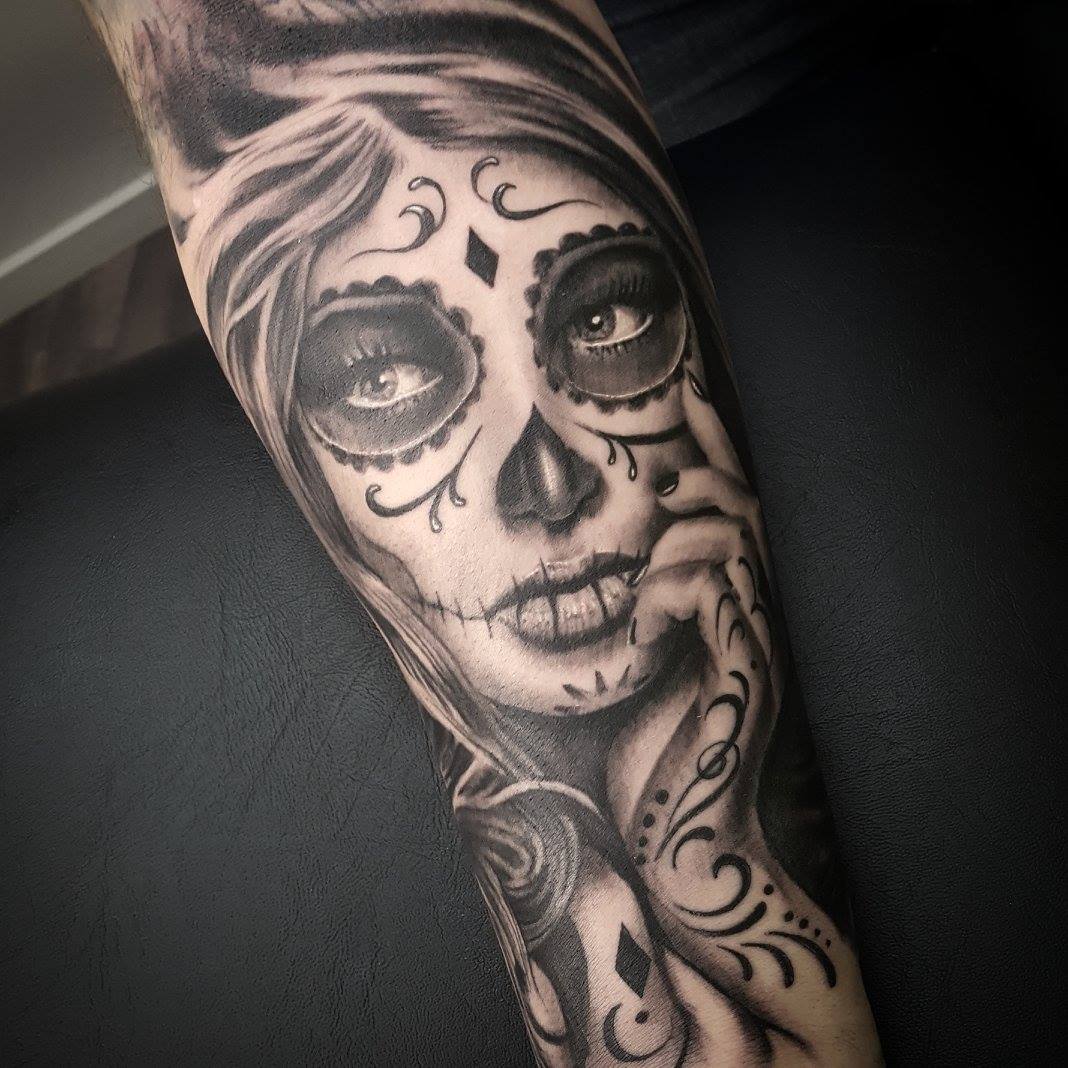 black-and-grey-day-of-the-dead-girl-tattoo-christchurch