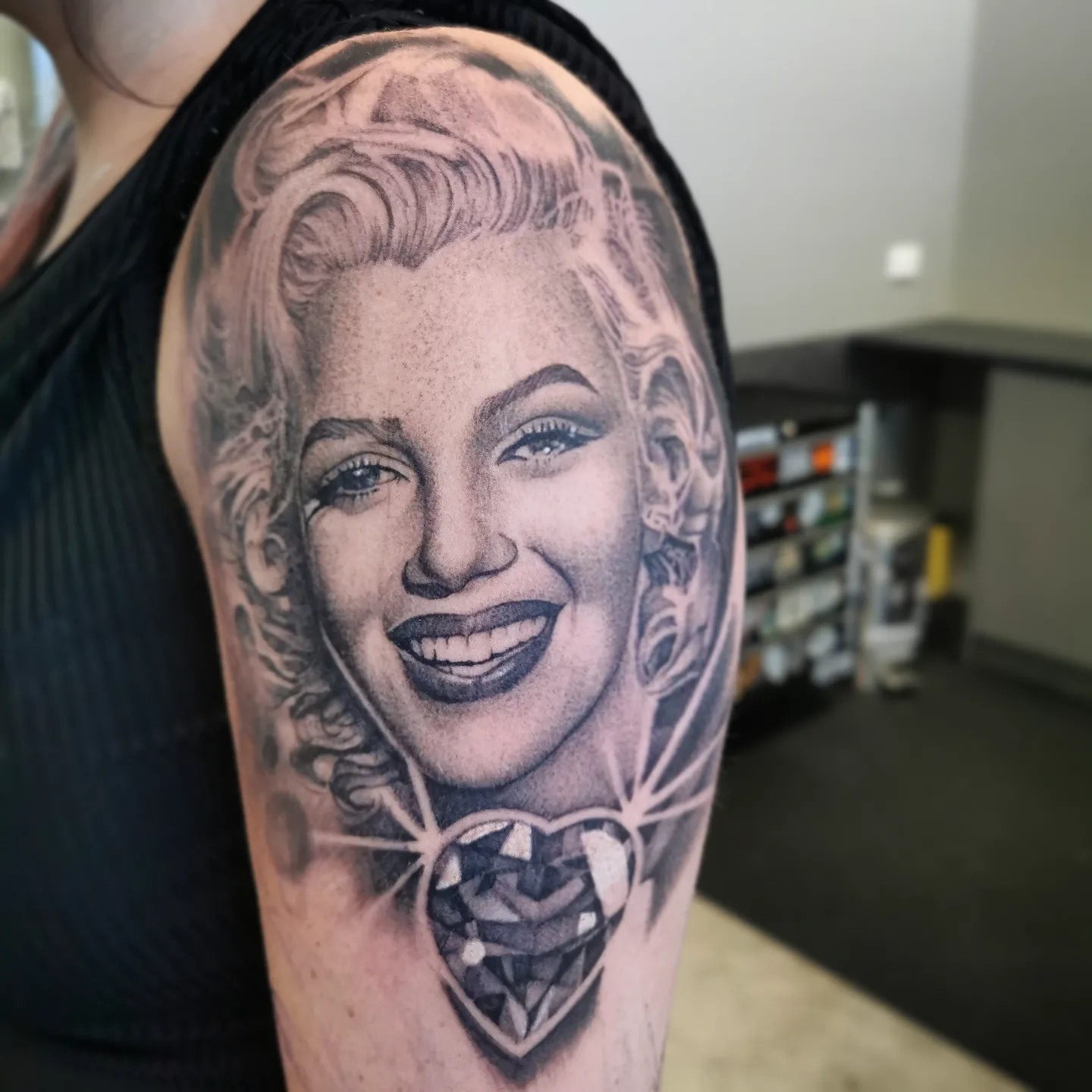black-and-grey-marilyn-munroe-portrait-tattoo-christchurch