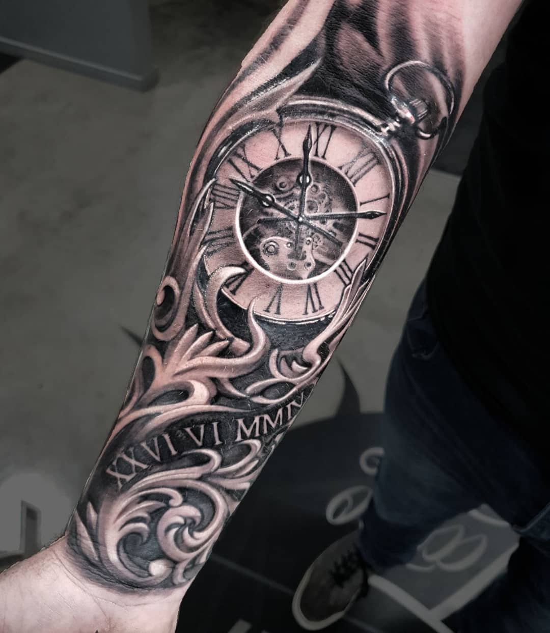 black-and-grey-pocket-watch-tattoo-christchurch