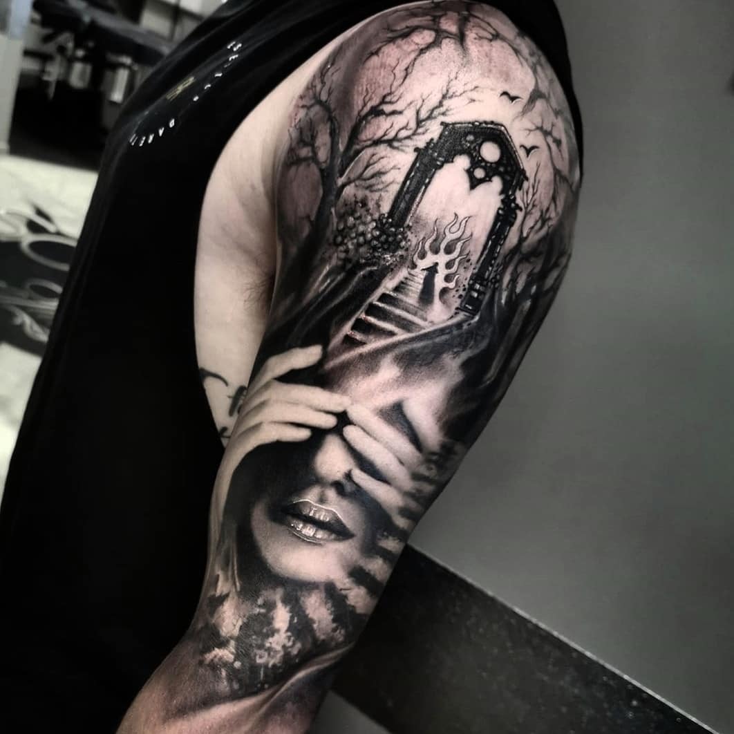 black-and-grey-surrealism-sleeve-tattoo-christchurch