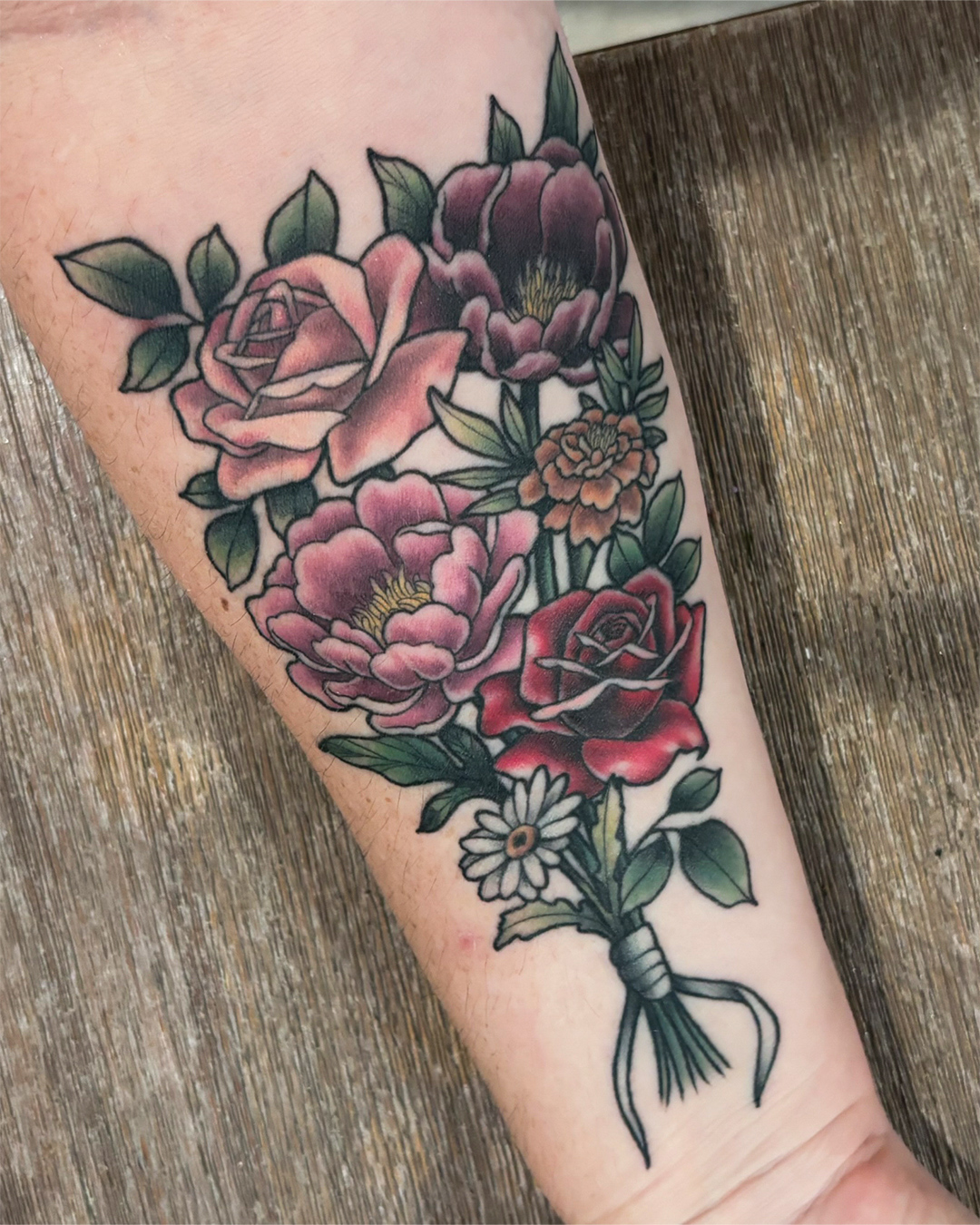 colour-neo-traditional-floral-bouquet-tattoo-christchurch