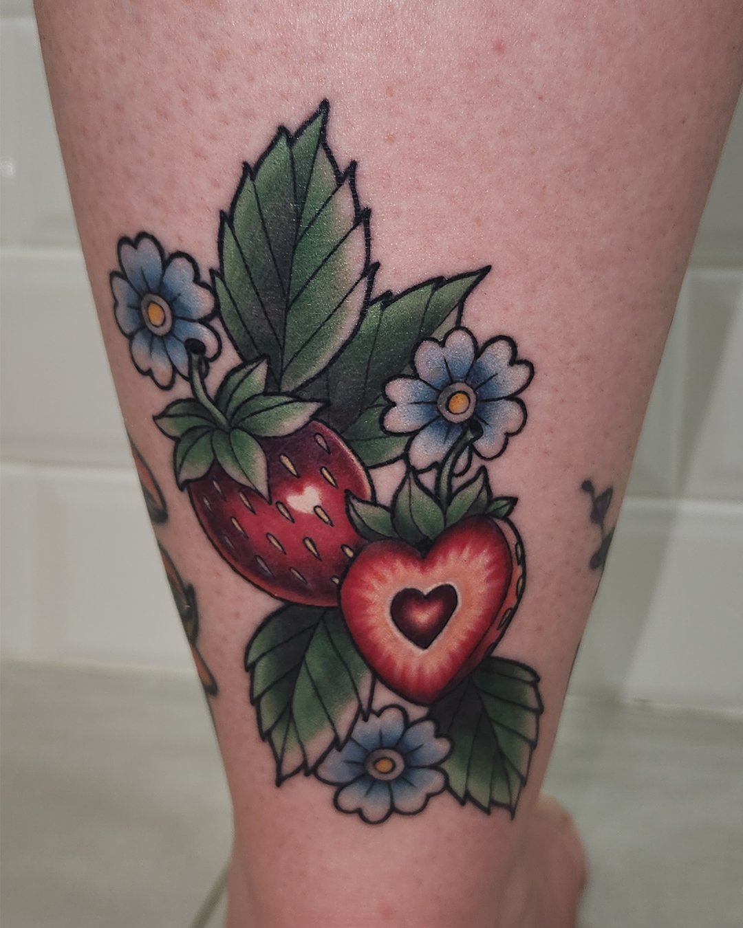 colour-neo-traditional-strawberry-flower-tattoo-christchurch