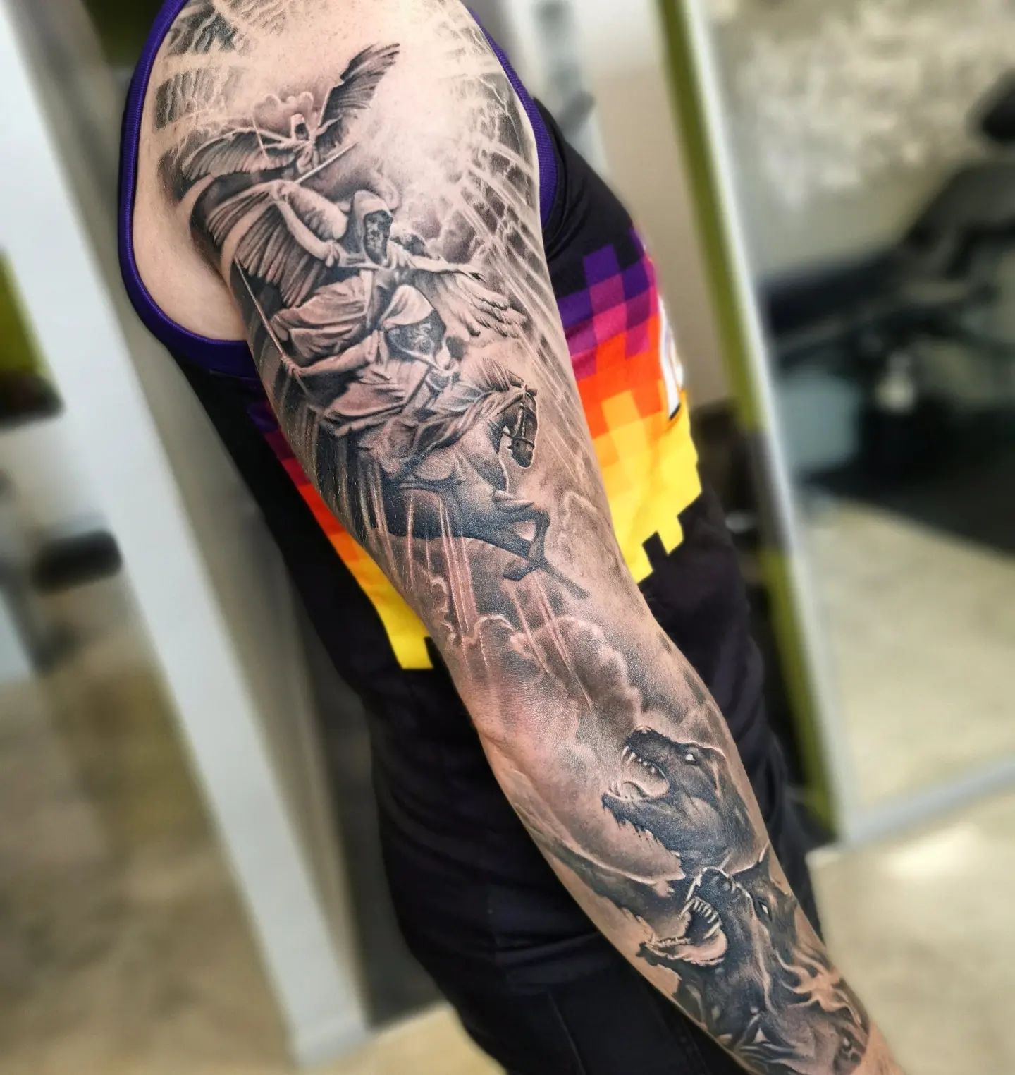 mens-black-and-grey-religious-sleeve-tattoo-christchuch